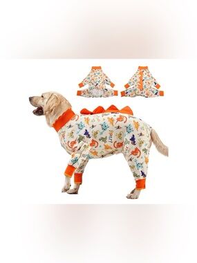 Dinosaur Print Full-Body Dog Pajamas — Orange Trim